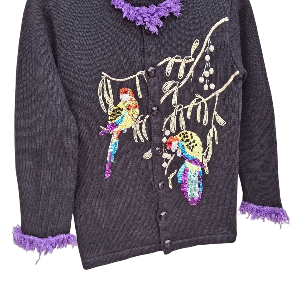 Storybook Knit Black Embellished Cardigan Sweater "Parrot Fancy"  Women Size XS - Picture 5 of 14